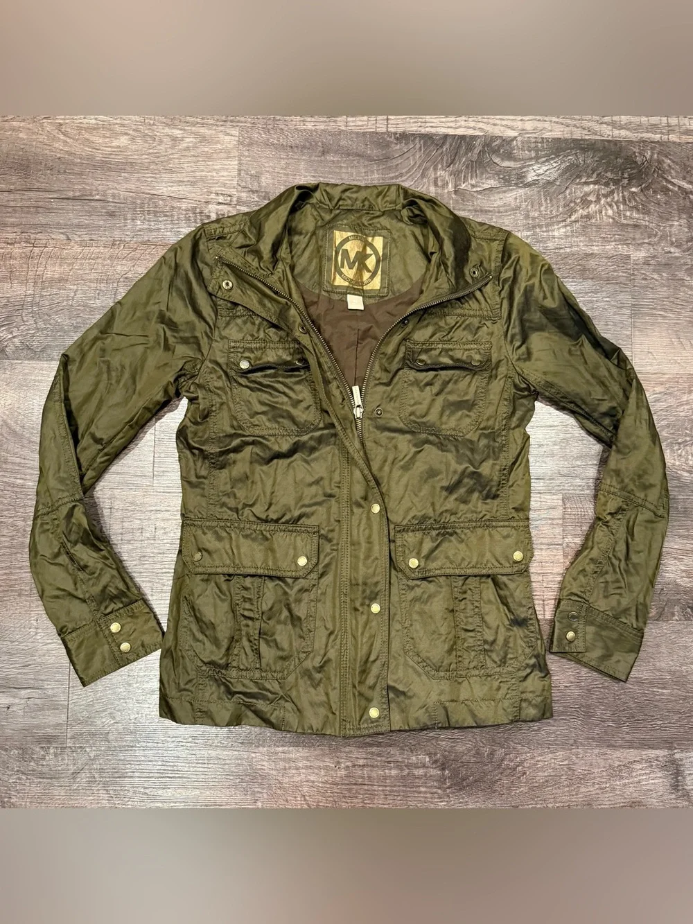 Michael Kors Olive Green Military Utility Style Jacket XS Gold Hardware Full Zip